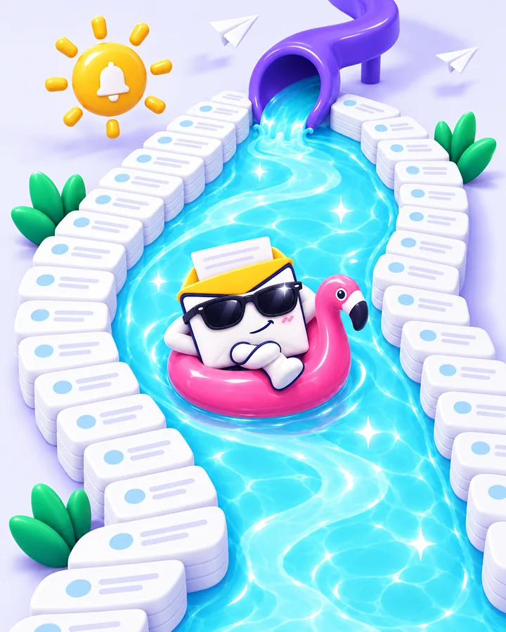 Otto the envelope floats in a pink flamingo inner tube down a lazy river whose banks are stacked email cards, a violet slide curling out like a scrollbar