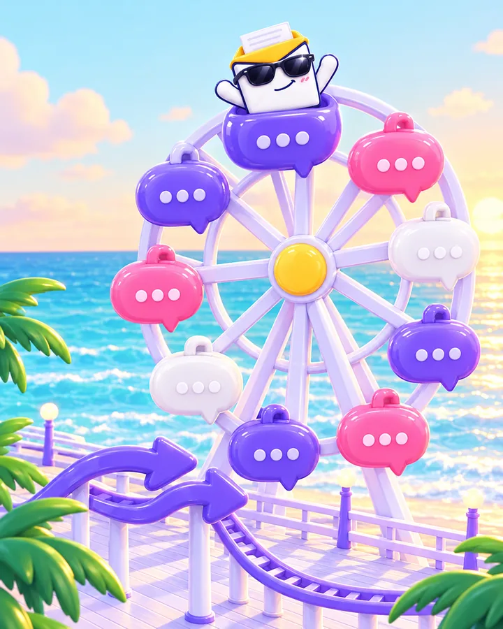 Otto rides the top gondola of a seaside Ferris wheel whose cars are chat bubbles, arms up, at golden hour