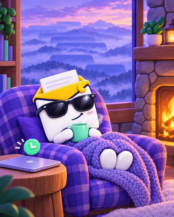 Otto relaxes in a plaid armchair by a crackling fireplace with a mug, misty Smoky Mountain ridges outside the window