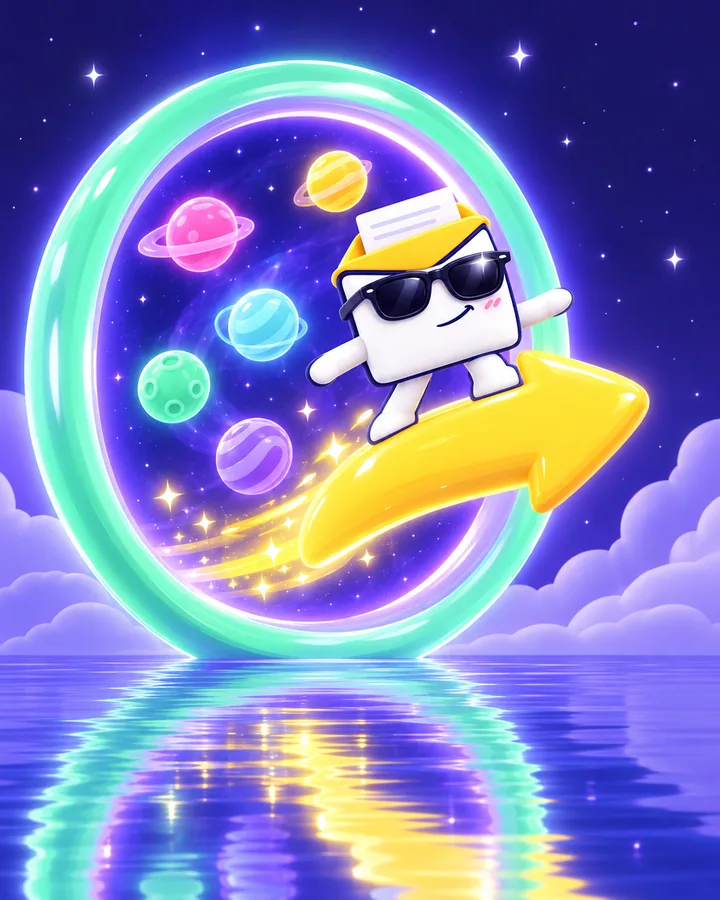 Otto surfs a glowing forward arrow through a ring portal over a night lake, abstract planets beyond